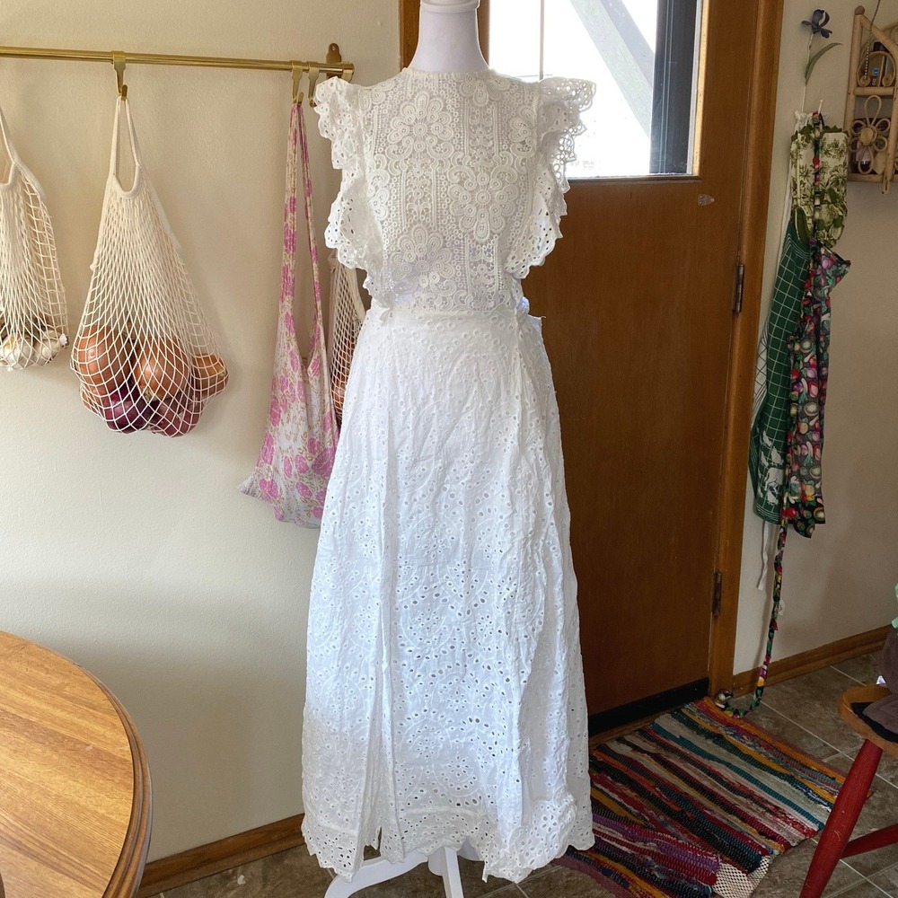 Eyelet Lace Ruffle Sleeves Cutout White Maxi Dress Large Cottage Femme Romantic‎